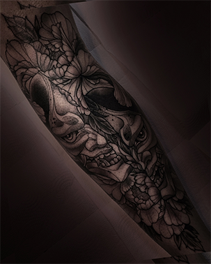 Tatuagem da máscara hannya em blackwork